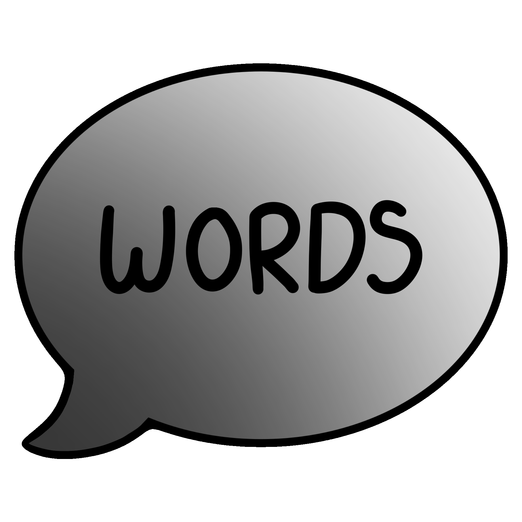 A speech bubble that says “words”, with a black to white gradient going left to right partially obscuring the bubble.